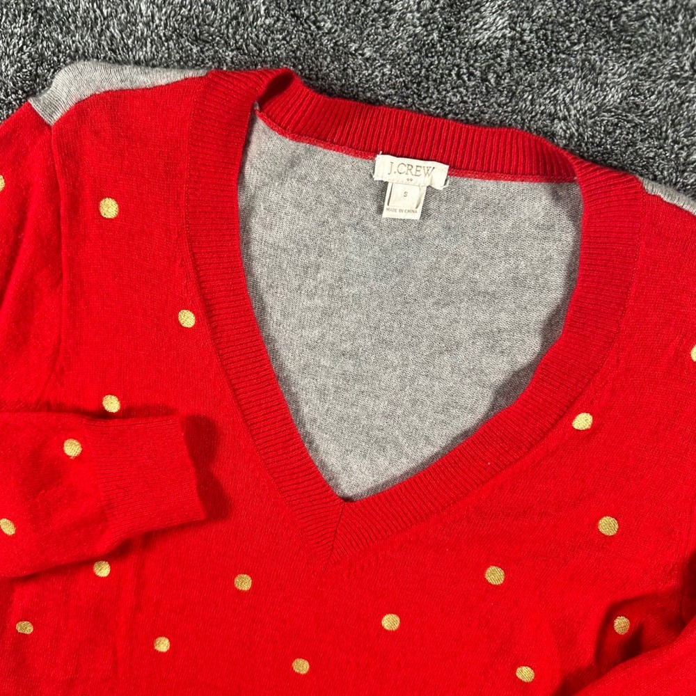 J.Crew Sweater Womens Small Red Wool Blend Gold Polka Dot V-Neck Contrast Back
